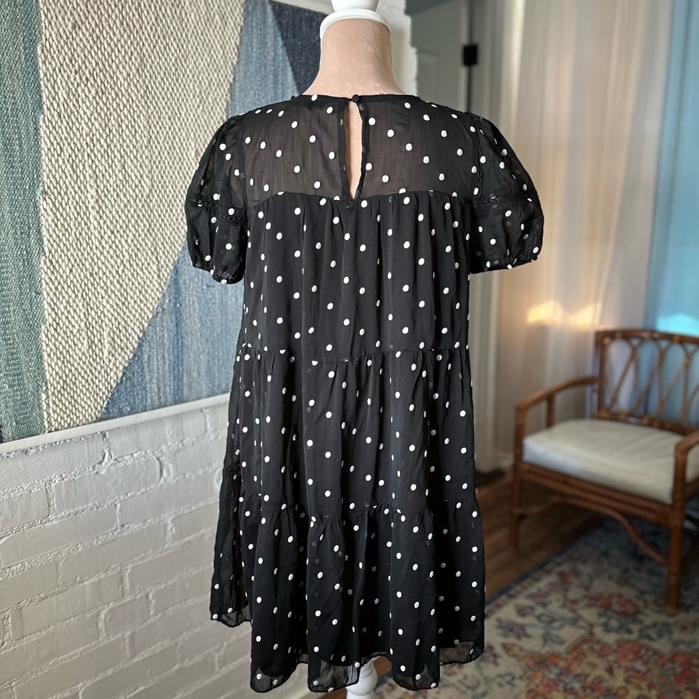 Blu Pepper Black and White Textured Puff Sleeve Polkadot Babydoll Dress - Picture 7 of 9